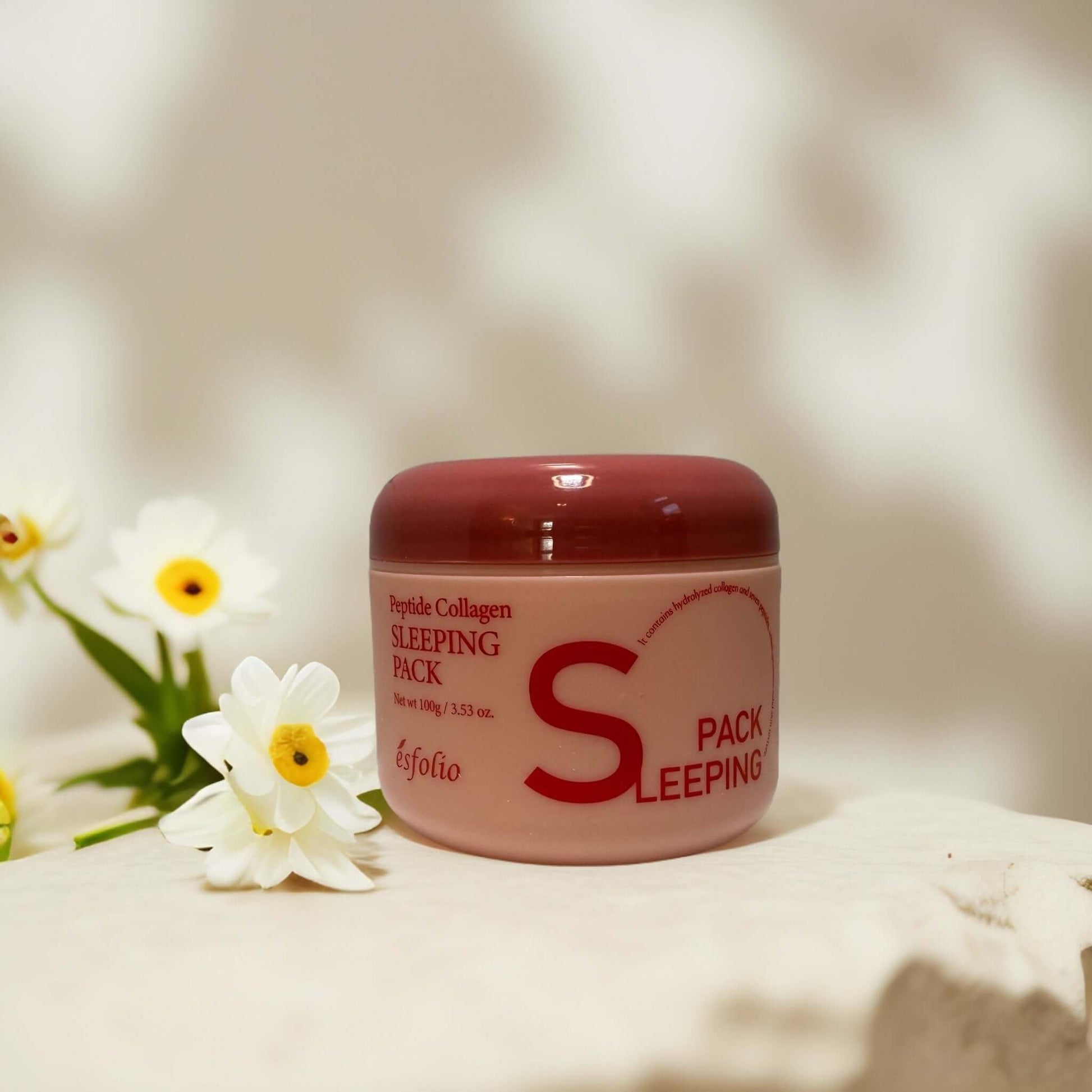 Esfolio Peptide Collagen Sleeping Pack jar with flowers