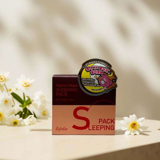 Esfolio Peptide Collagen Sleeping Pack with flowers beside it