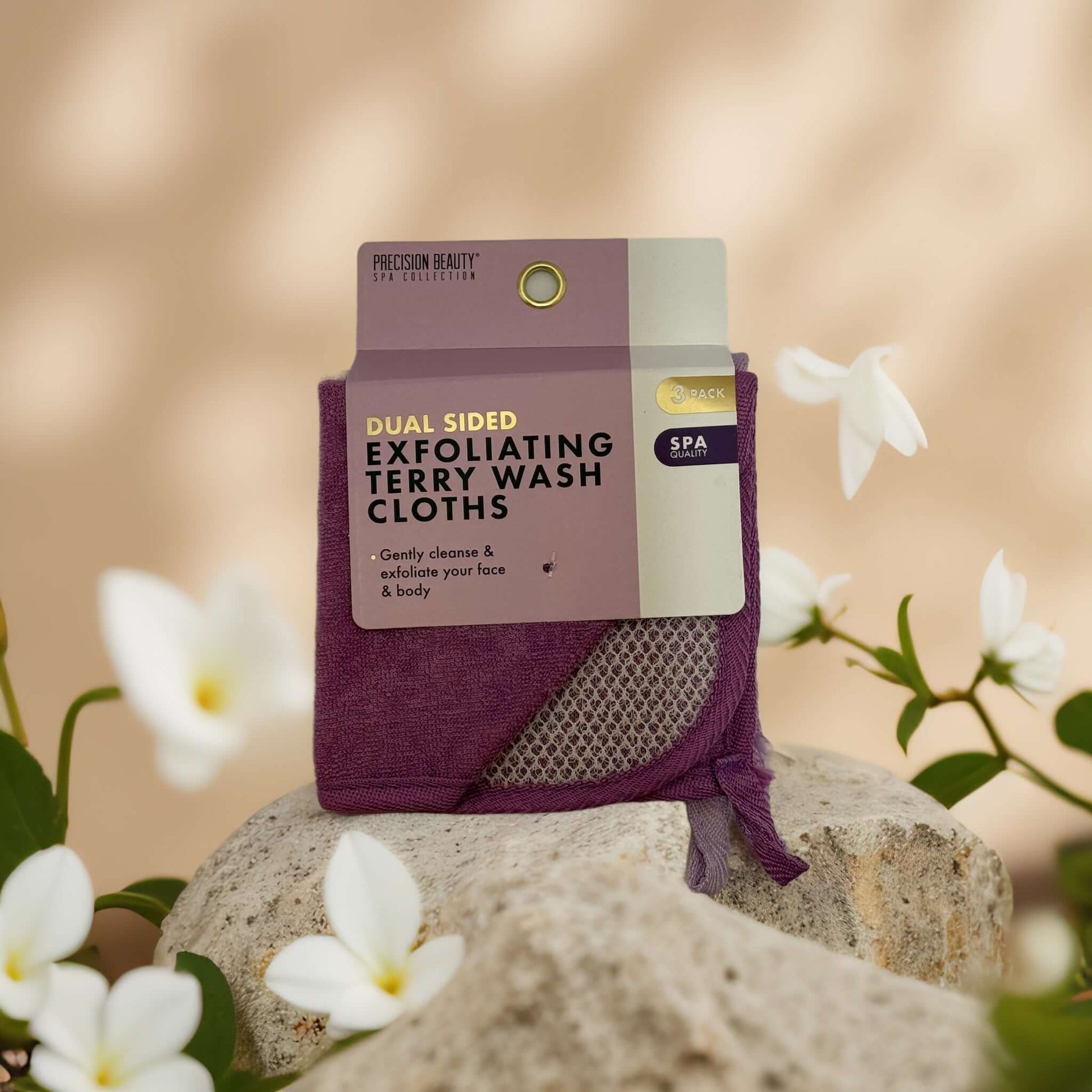 Dual-sided exfoliating terry wash cloths by Precision Beauty for gentle cleansing and exfoliation - 3 pack.