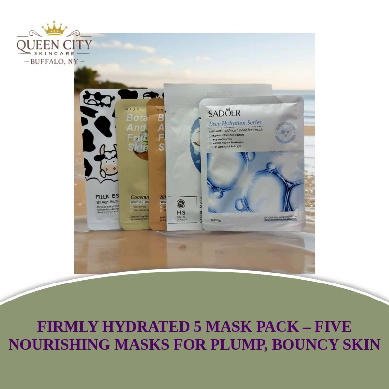 Firmly Hydrated 5 Sheet Mask Pack for bouncy, plump skin - nourishing skincare masks displayed on beach background.