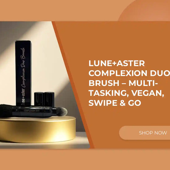 Lune+Aster complexion duo brush on a decorative stand.