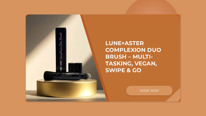 Lune+Aster complexion duo brush on a decorative stand.