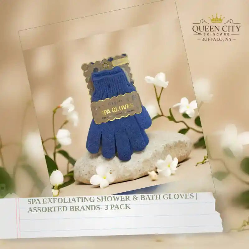 Spa exfoliating shower and bath gloves in blue, 3 pack for full-body use and gentle exfoliation.