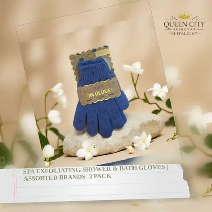 Spa exfoliating shower and bath gloves in blue, 3 pack for full-body use and gentle exfoliation.