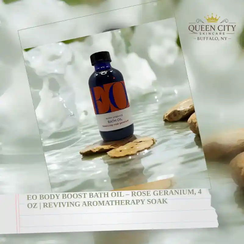EO Body Boost Bath Oil in a relaxing spa-like setting.