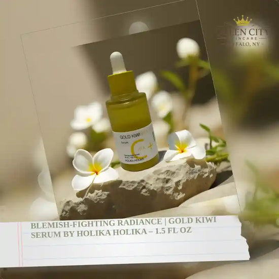 Gold Kiwi Serum by Holika Holika in a serene setting, ideal for fighting blemishes and brightening skin.