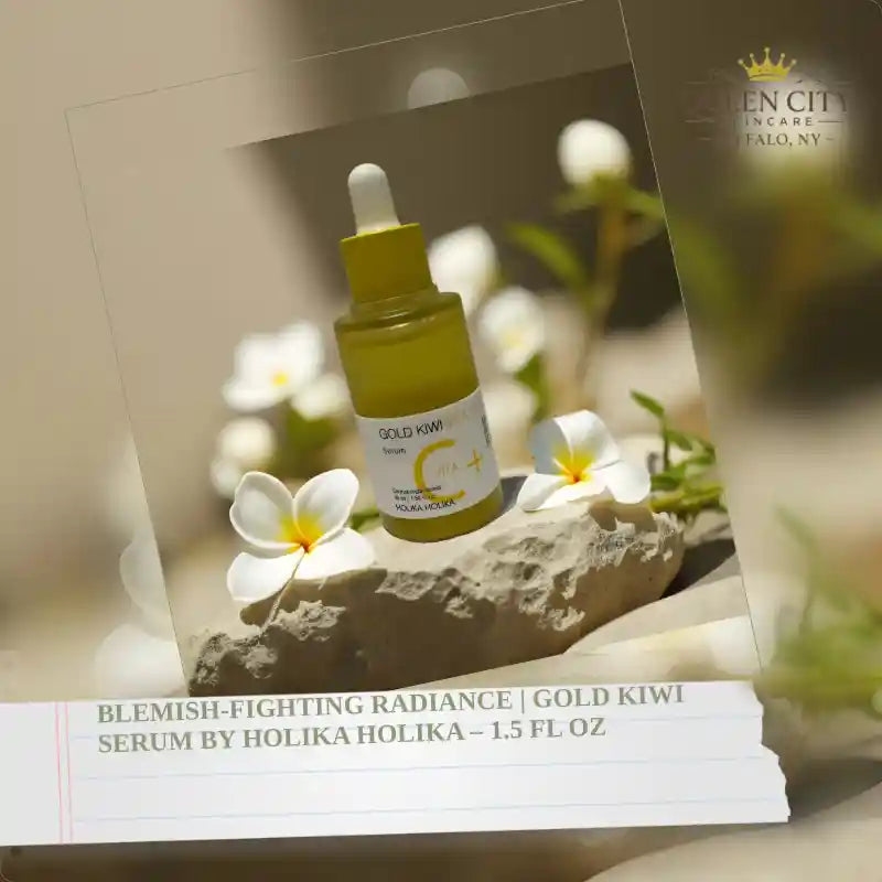 Gold Kiwi Serum by Holika Holika in a serene setting, ideal for fighting blemishes and brightening skin.