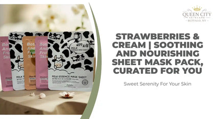 Strawberries & Cream sheet mask pack for soothing and nourishing dry skin, featuring milk essence and calming ingredients.