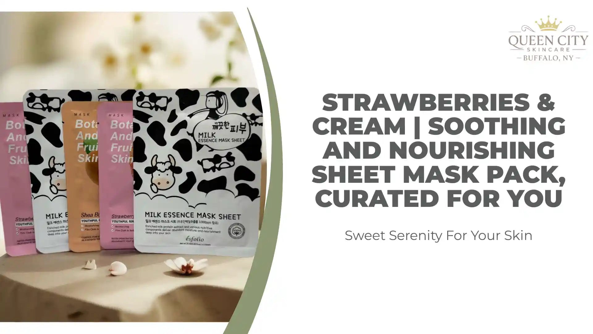 Strawberries & Cream sheet mask pack for soothing and nourishing dry skin, featuring milk essence and calming ingredients.