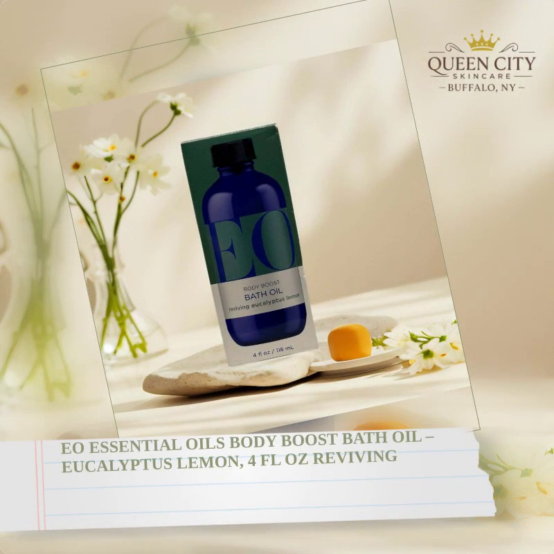 EO Body Boost Bath Oil Eucalyptus Lemon 4oz in elegant setting.