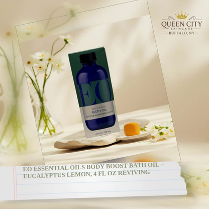 EO Body Boost Bath Oil Eucalyptus Lemon 4oz in elegant setting.