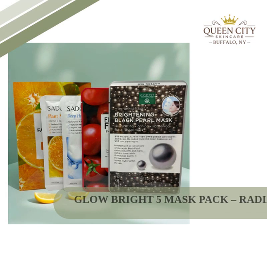 Glow Bright 5 Mask Pack featuring brightening ingredients like vitamin C and niacinamide for radiance.