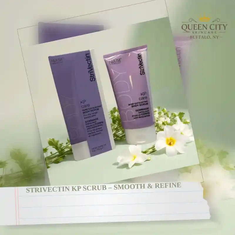 StriVectin KP Scrub packaging on display with flowers.