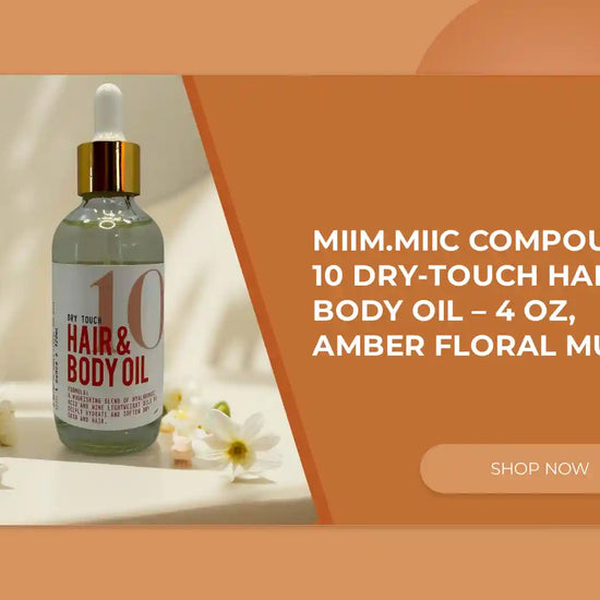 MIIM.MIIC Compound 10 Dry-Touch Hair & Body Oil bottle with flowers