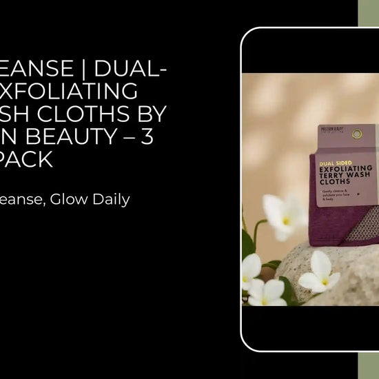Buff & Cleanse dual-sided exfoliating terry wash cloths by Precision Beauty, 3-pack for face and body care.