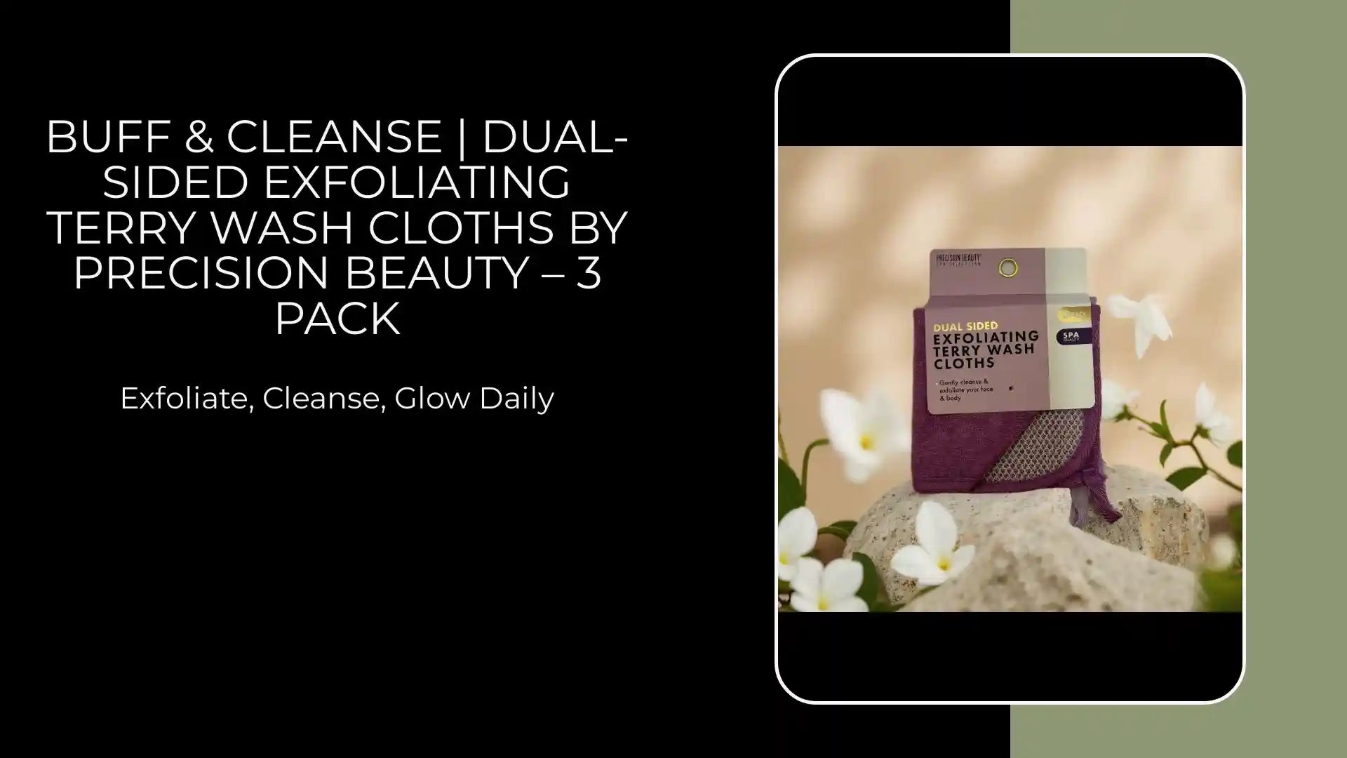 Buff & Cleanse dual-sided exfoliating terry wash cloths by Precision Beauty, 3-pack for face and body care.