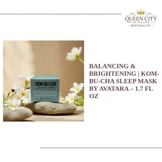 Balancing & Brightening KOM-BU-CHA Sleep Mask by Avatara in eco-friendly packaging, placed on stones with flowers.