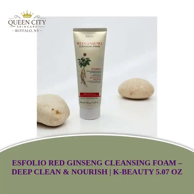 Esfolio Red Ginseng Cleansing Foam tube on display for K-Beauty.