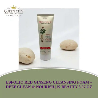 Esfolio Red Ginseng Cleansing Foam tube on display for K-Beauty.