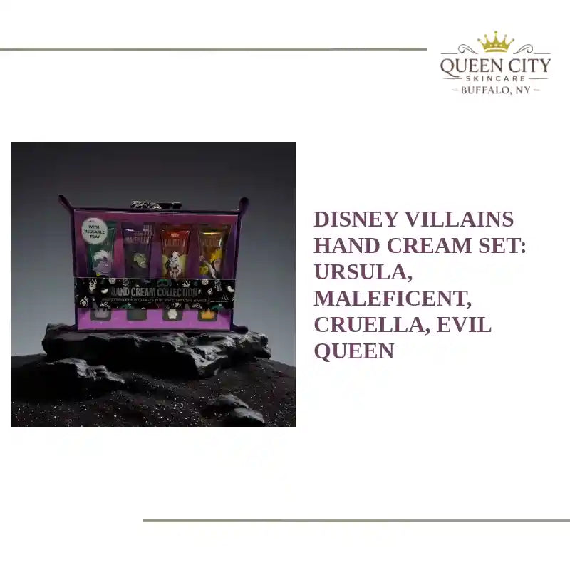 Disney Villains Hand Cream Set featuring Ursula, Maleficent, Cruella, Evil Queen.