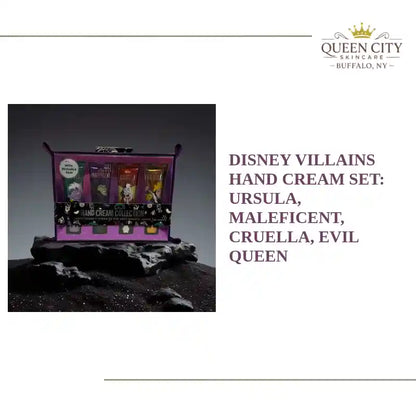 Disney Villains Hand Cream Set featuring Ursula, Maleficent, Cruella, Evil Queen.