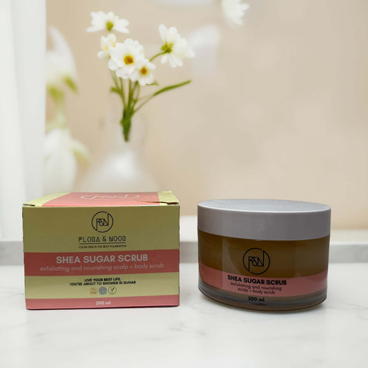 Flora & Noor Shea Sugar Scrub 200 ml and packaging