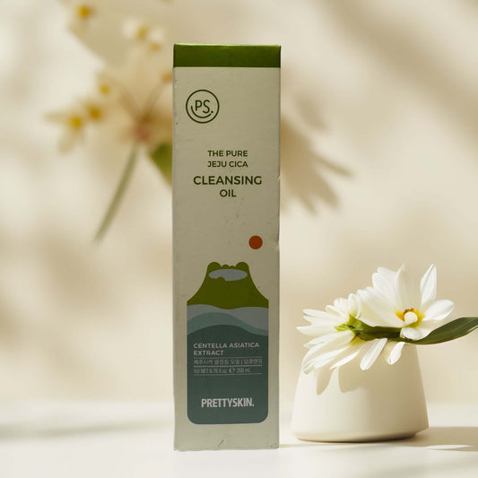 PrettySkin Jeju Cica Cleansing Oil packaging with flower