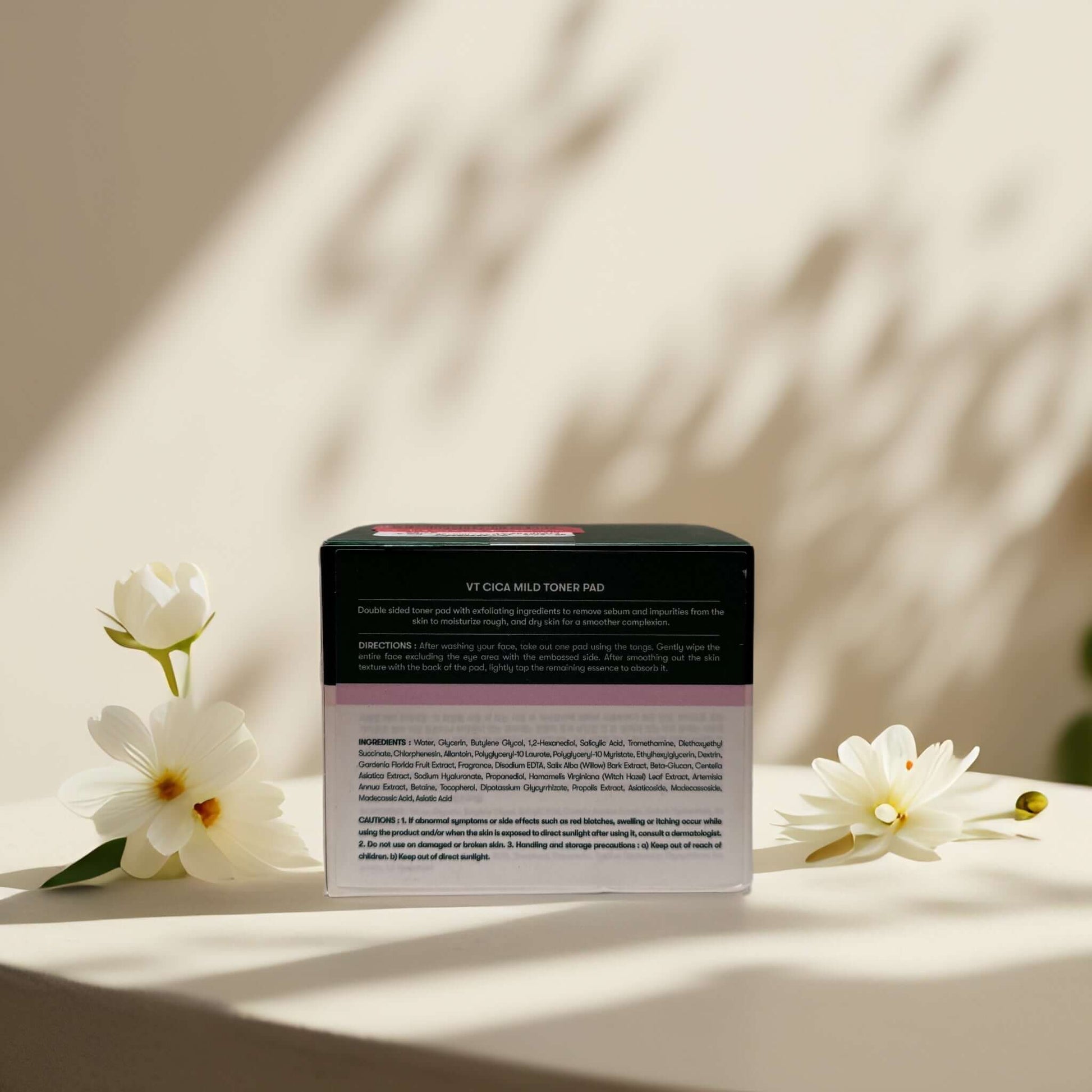 VT Cica Mild Toner Pad packaging with floral accents
