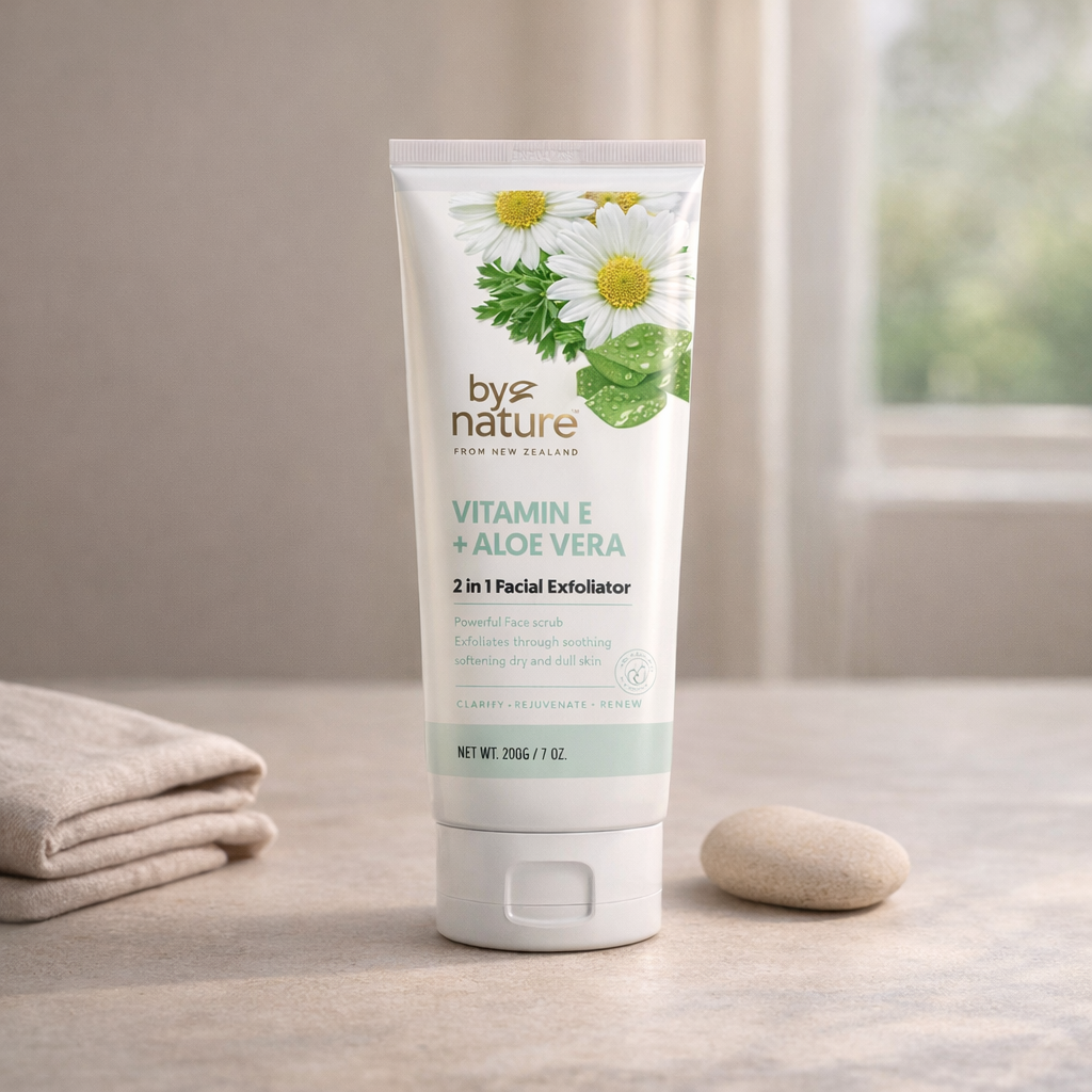 Brightens & Polishes | Vitamin E + Aloe Facial Exfoliator by by nature – 7 oz